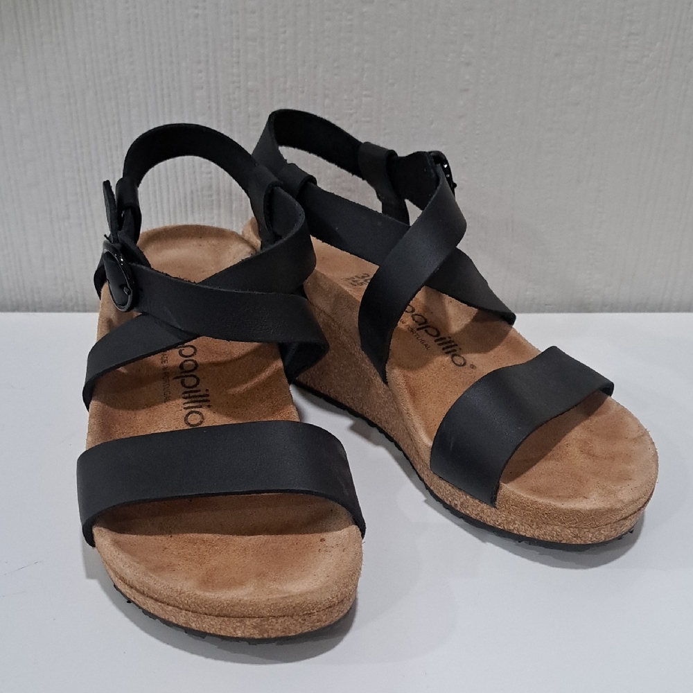 Papillio Black Strappy Wedge Sandals